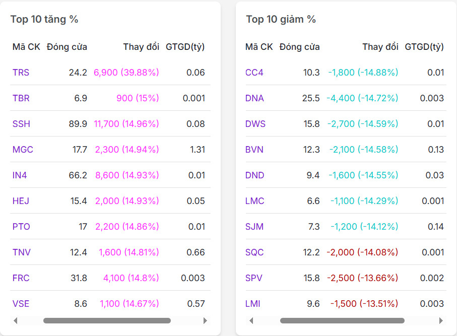 Top 20 mã có % tăng/giảm nhiều nhất thị trường chứng khoán ngày 13/03/2025