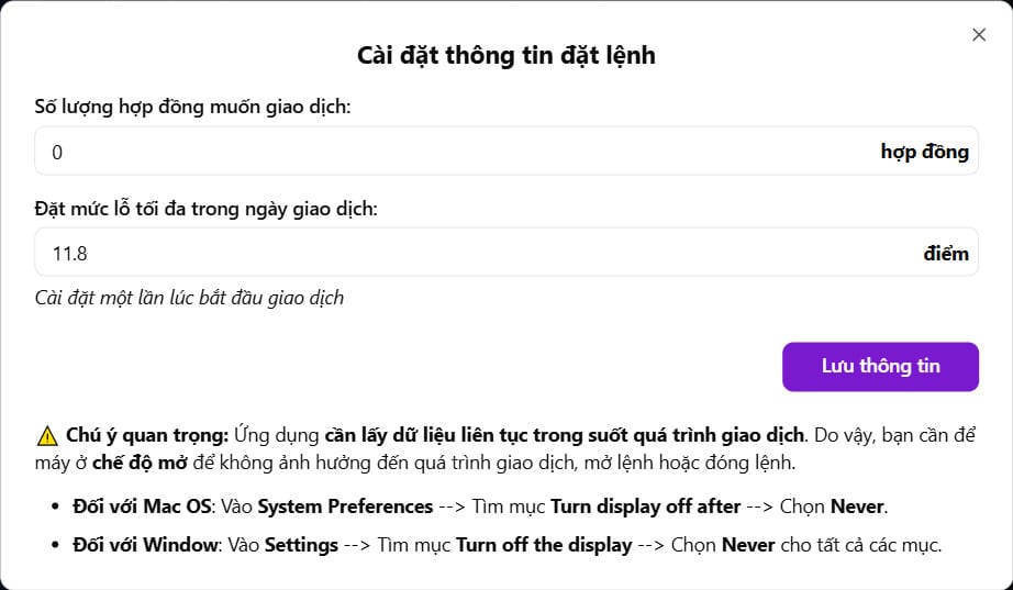 Màn hình cài đặt thông tin đặt lệnh trong VN30F1M Trading Tool