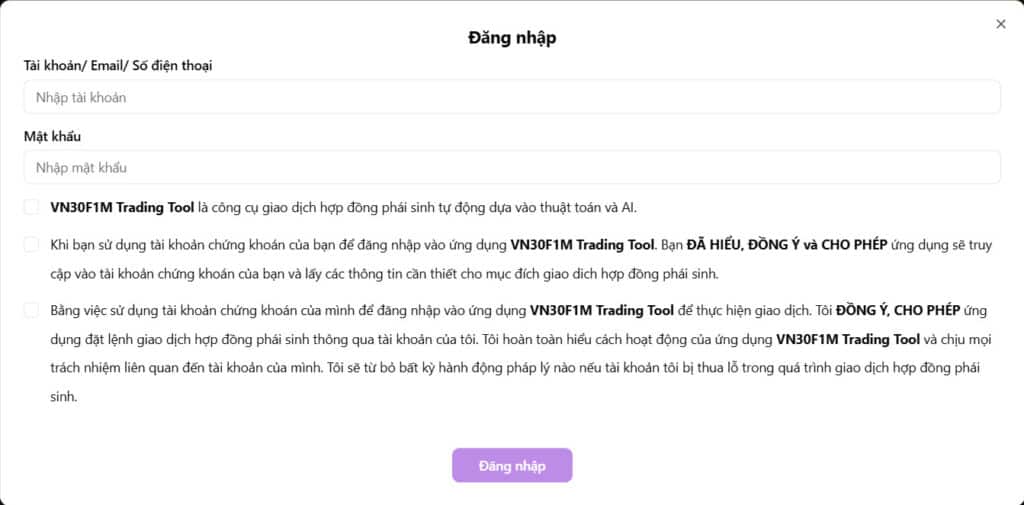 Kết nối và Đăng nhập tài khoản trong VN30F1M Trading Tool